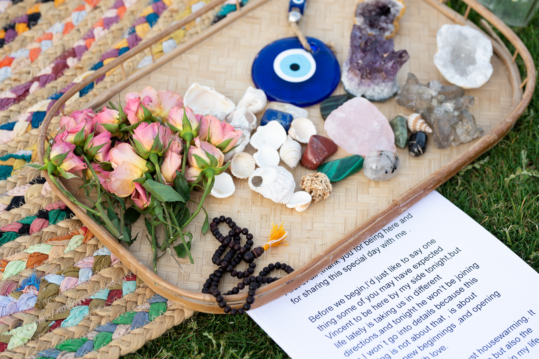 Crystals, roses and shells gathered on the altar