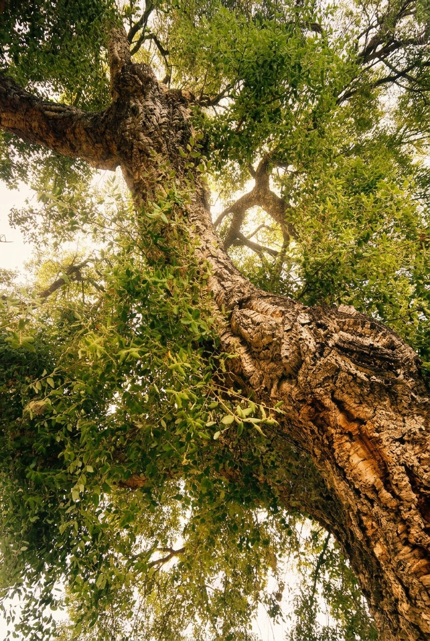 Looking up into the canopy of an ancient cork oak in Andalucía